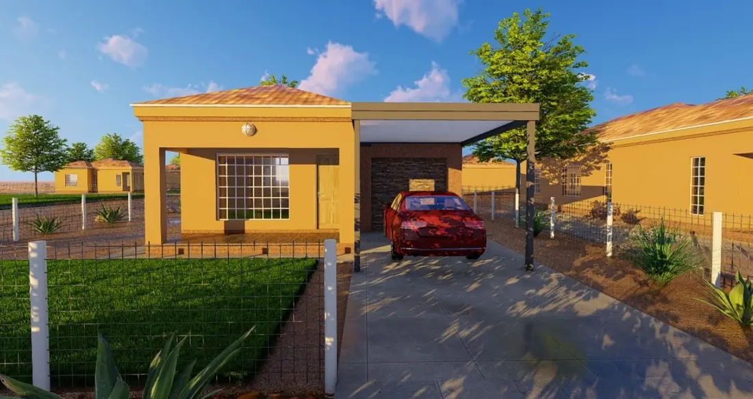 Illustration of a single-storey house with a carport and fenced garden